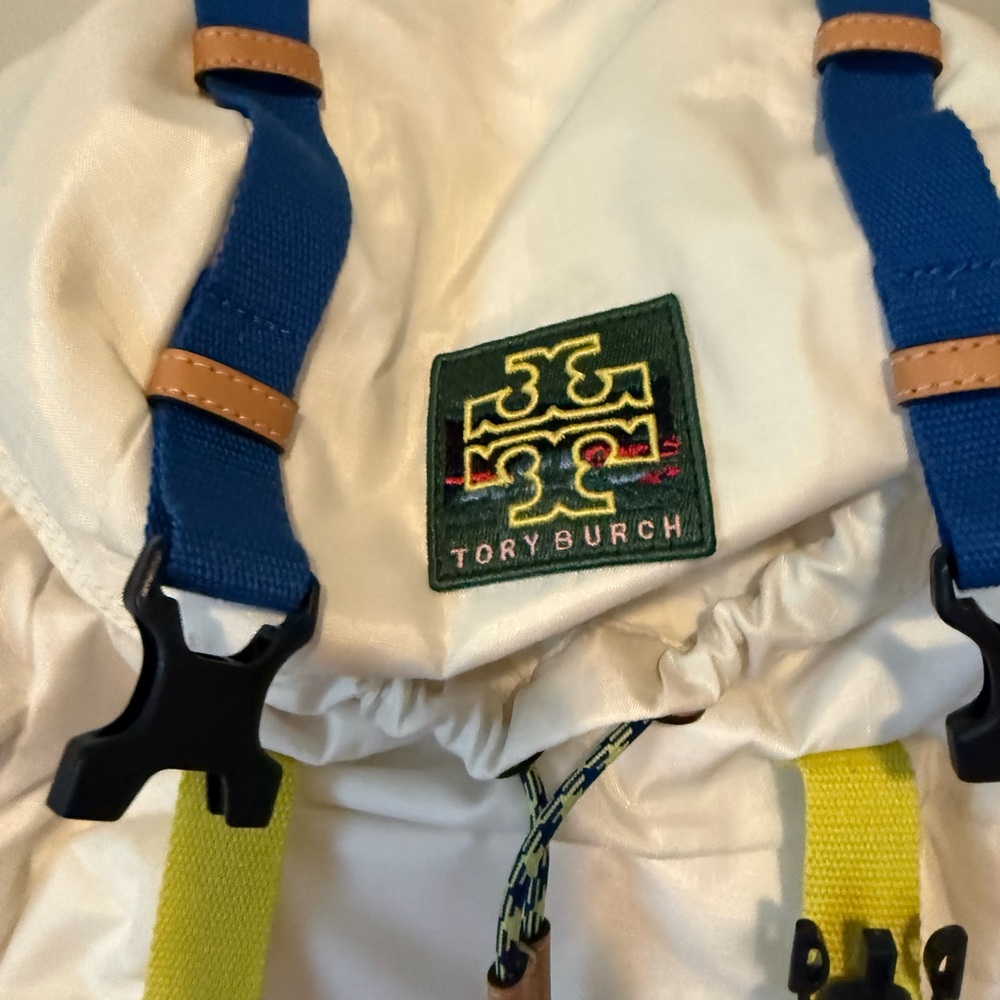 Tory Burch Ripstop White Backpack with Orange, Blue, and Yellow Details - Picture 2 of 8